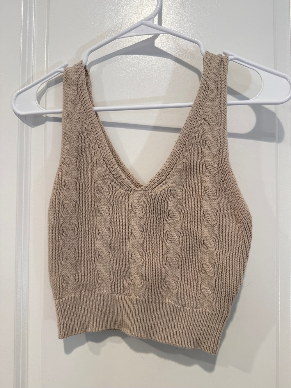Carly Jean Los Angeles Cable Knit V-Neck Cropped Tank - Beige Taupe